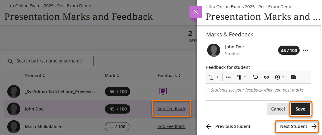 Screenshot of add feedback panel from markable items view - showing next student button