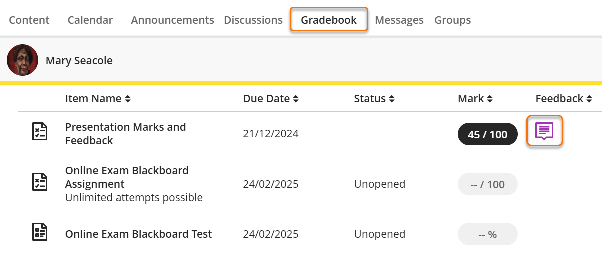 Screenshot of Student view of gradebook