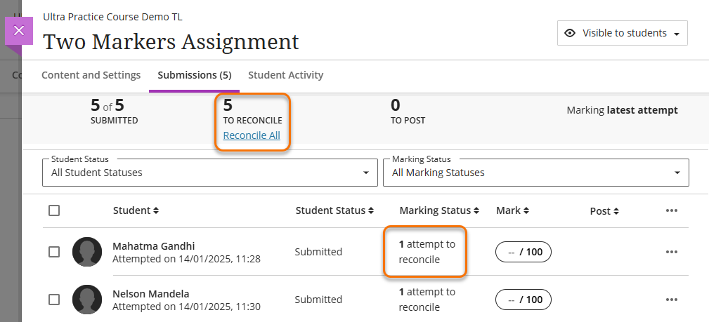 Screenshot of submissions tab for a reconciler. 