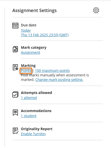 Screenshot showing the location of the Points link in the assignment settings panel