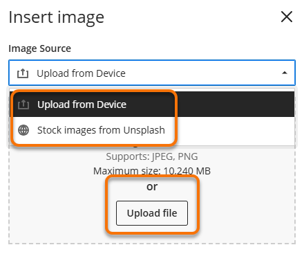 Showing the options for uploading an image from Device or Stock images
