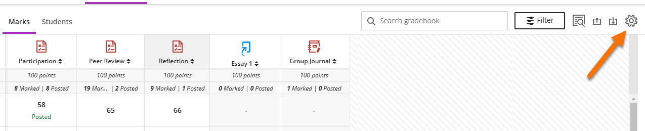 Screenshot showing the location of the gradebook settings icon. The icon is highlighted with an orange arrow.