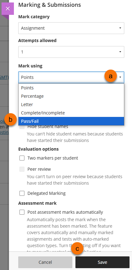 Screenshot showing the location of the Mark Using drop-down menu and the save button.