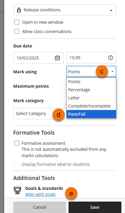 Screenshot showing the location of the Mark Using drop-down menu and the save button.