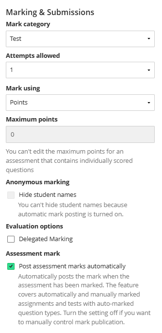 Screenshot of test settings - marking and submissions section - text in adjacent column.