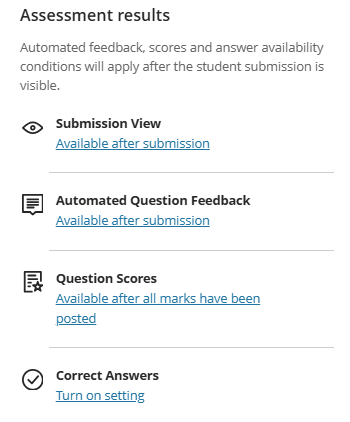 Screenshot of Assessment results actions - links open assessment results timing panel