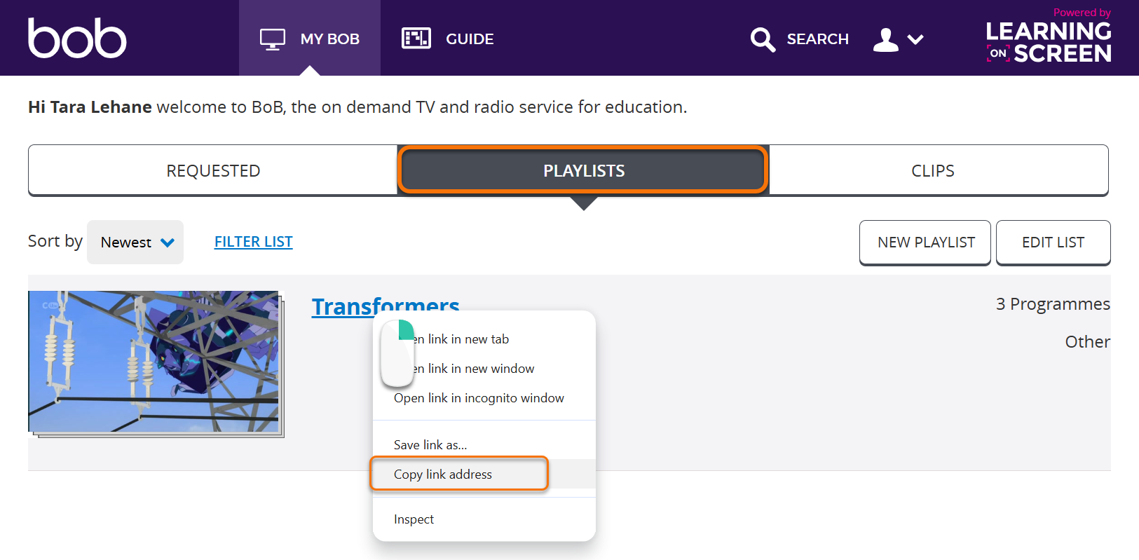 Screenshot of Box of Broadcasts screen with the playlist page showing. The right click menu is open for the link to the playlist with the "copy link address" option selected. 