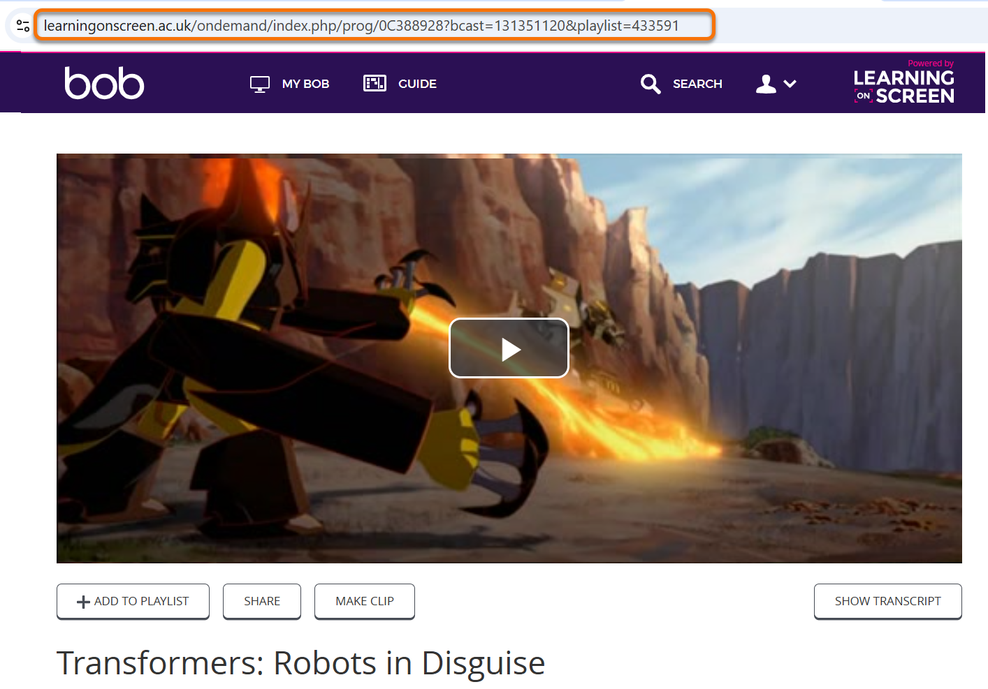 Screenshot of Box of Broadcasts programme video ready to play. The URL in the site information field at the top of the page has been circled to indicate that this the URL you need to copy use Ctrl + C