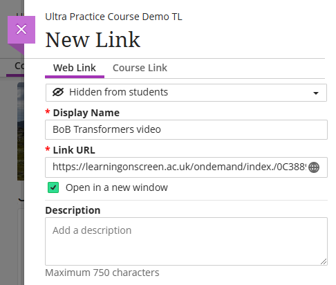 Screenshot of New Link page.  The text on this image is written in Step 5. 