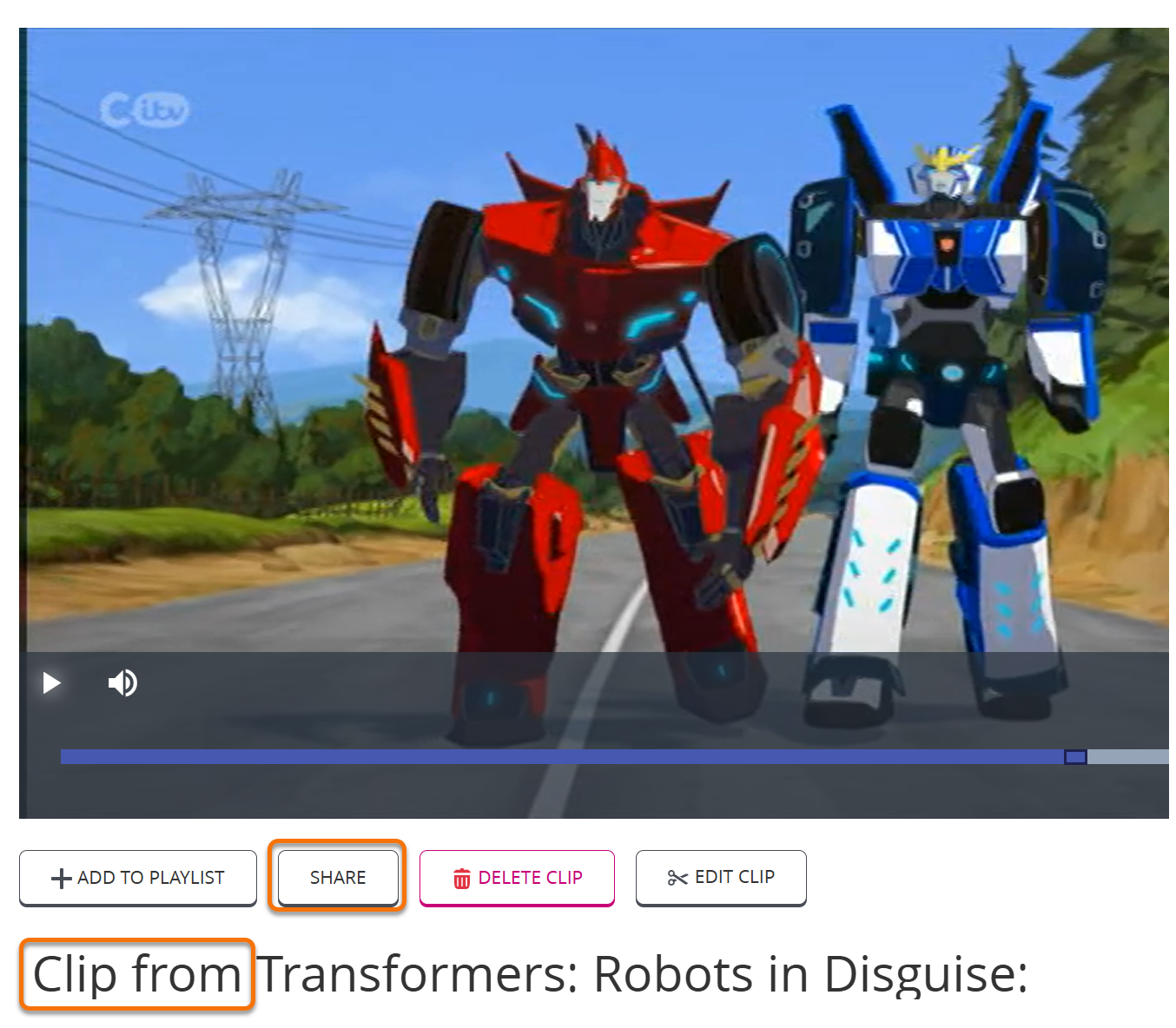 Screenshot of a video clip on screen ready to play. The Share button under the video has been circled. 