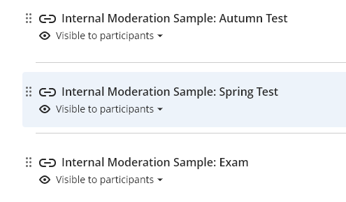 Screenshot of links to Moderation Samples. These links are in the External Examiners Organisation and link to the module Blackboard course Gradebook. 