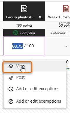 Screenshot of Blackboard Assignment column in the Gradebook. The view option in the cell contextual menu is hightlighted.