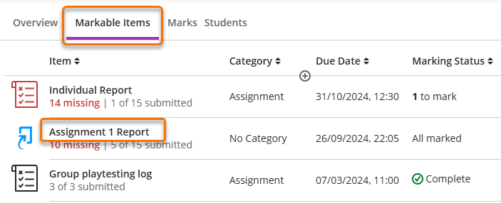 Screenshot of Turnitin submission in the list of assessments on the Markable Items tab.