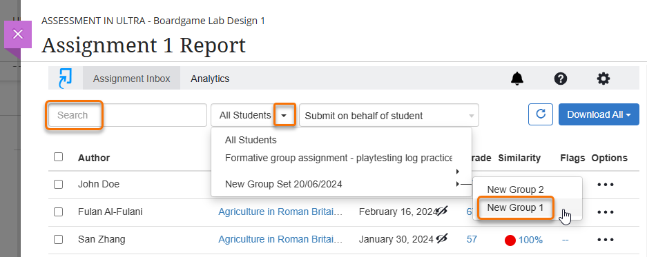 Screenshot of Turnitin assignment inbox. The search field and groups filter are highlighted.
