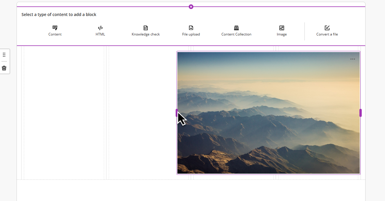 Showing a document with an image. Mouse curser is on the drag points to resize the image.