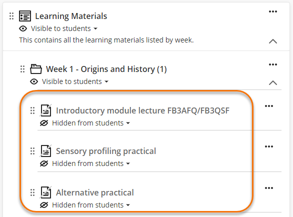 Screenshot of items in the Course Content that have been copied. They copy as hidden from students.