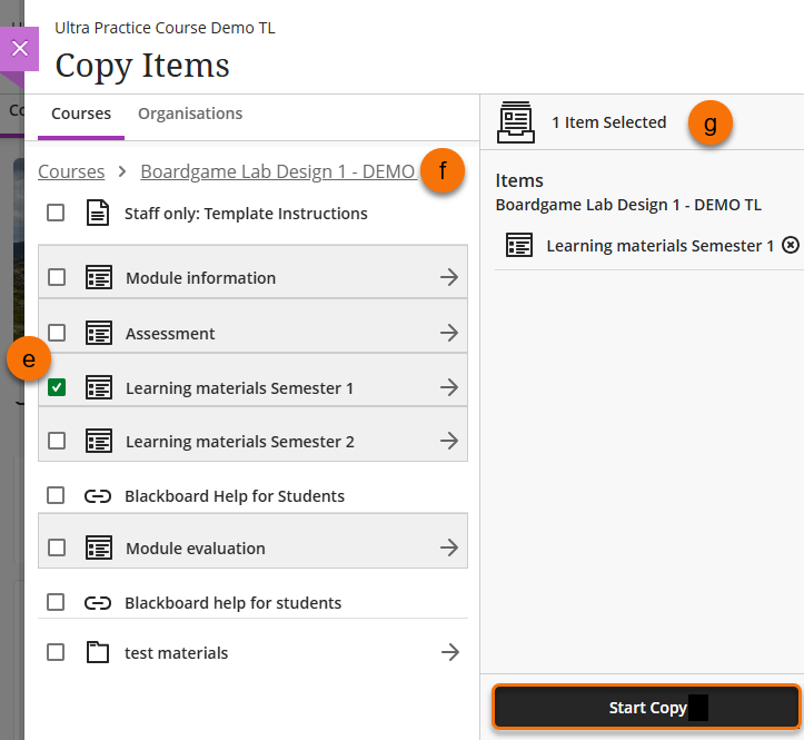 Screenshot of the Copy Items screen with some items in the content folder selected on the left hand side and list in the Items to be copied panel on the right hand side.