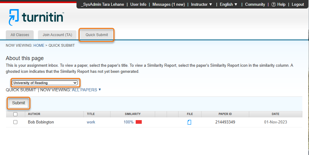 Screenshot of TurnitinUK Quick Submit tab