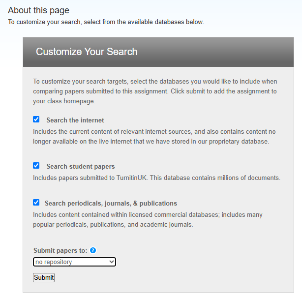 Screenshot of TurnitinUK Customise your search pop up