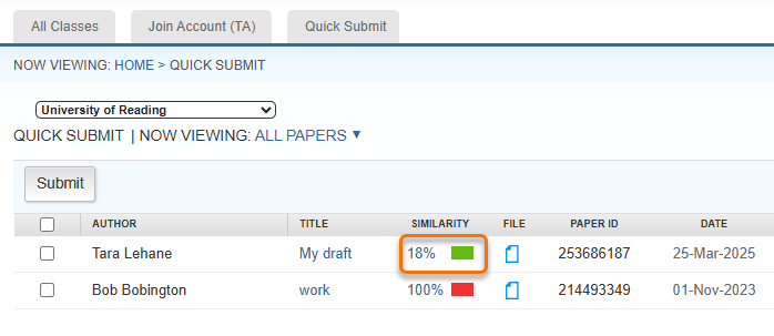 Screenshot of TurnitinUK inbox