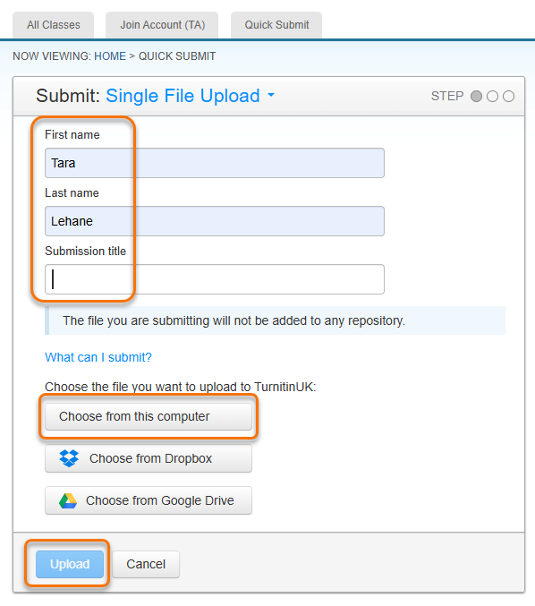 Screenshot of TurnitinUK quick submit upload screen