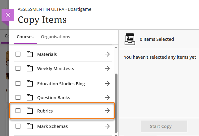 Screenshot of copy items screen
