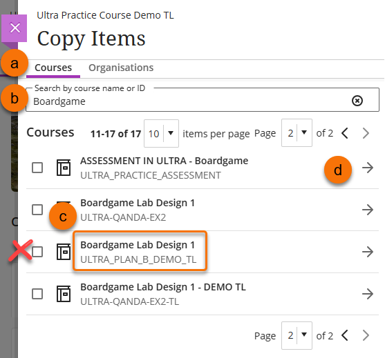 screenshot of copy items screen with a course circled ready to be opened. There is a cross to indicate not to select the course as this will copy the whole thing.