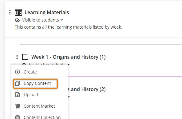 screenshot of the add content menu on the Course Content page. The Copy Content function is