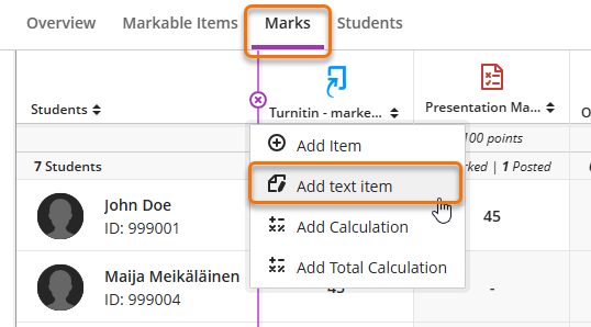 Screenshot adding Text item in the Marks tab. 