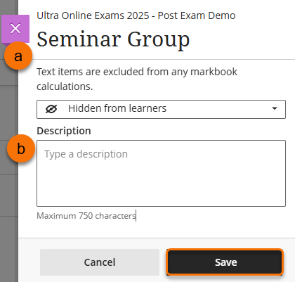Screenshot of Text Item create/edit panel. 
