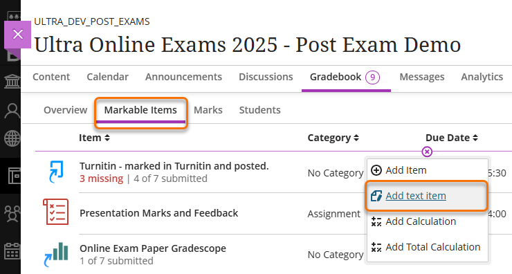 Screenshot adding Text item in the Markable Item tab. 