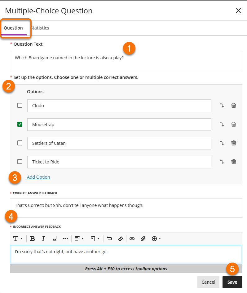 Steps one to five of adding a knowledge check in a document. 