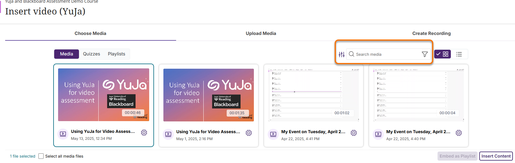 YuJa Choose Media screen with filter highlighted.