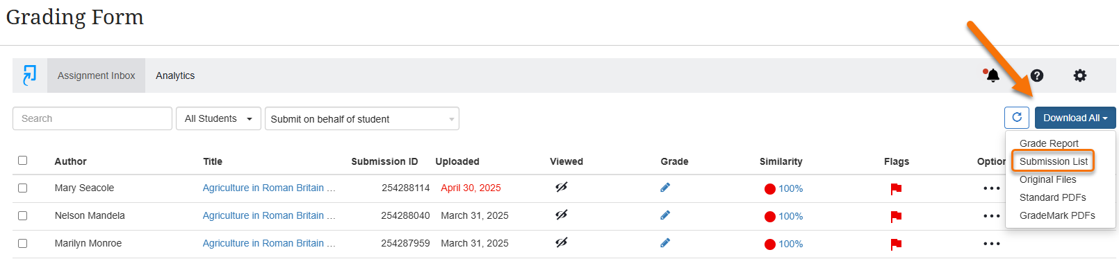 Screenshot showing the location of the Submission list download function 
