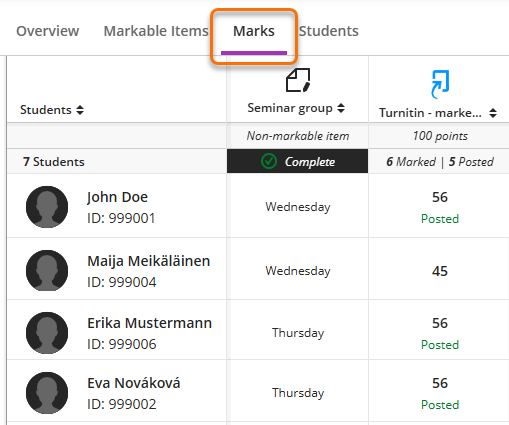 Screenshot of instructor view of text item in Gradebook Marks tab.