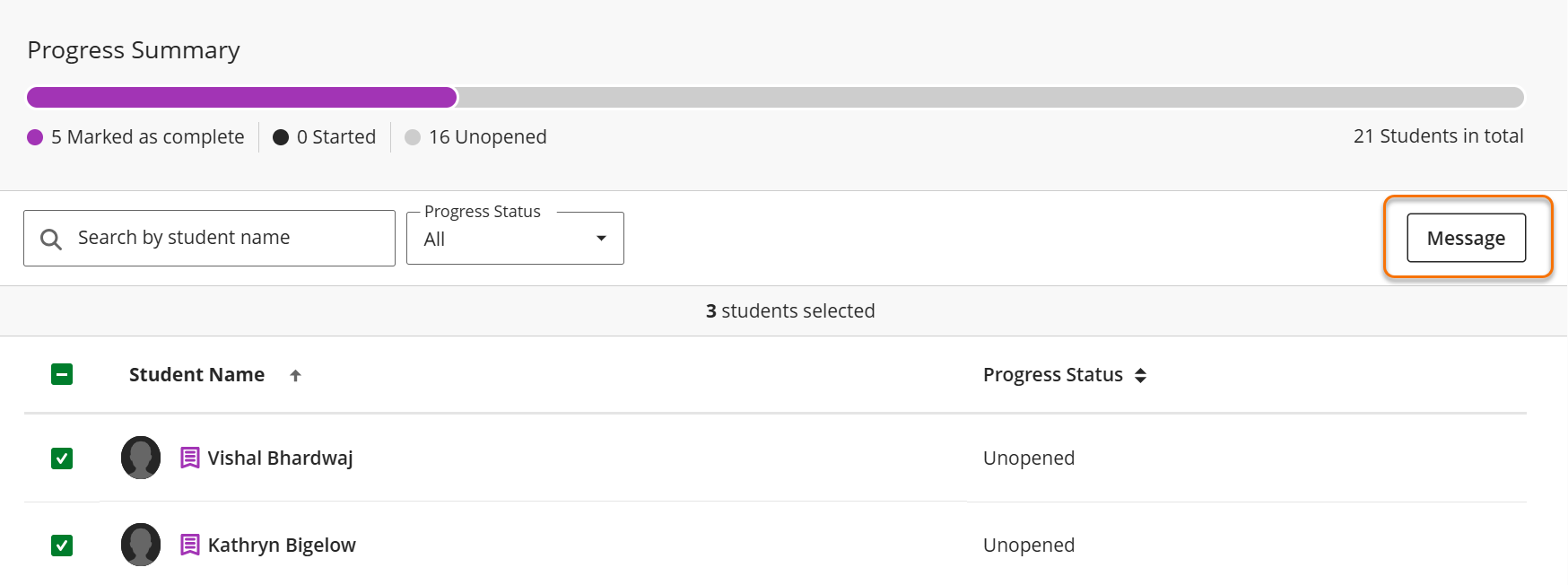 Screenshot showing the location of the Message button
