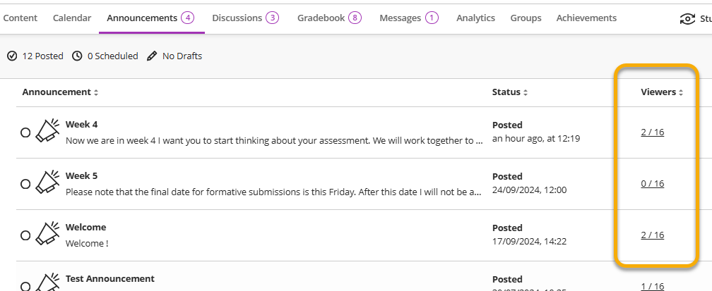 Number of students who have acknowledged each announcement