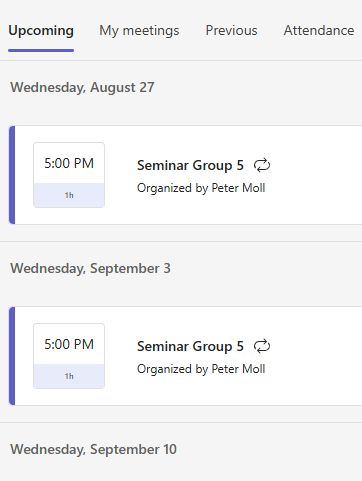 Upcoming meetings within the MS Teams feature