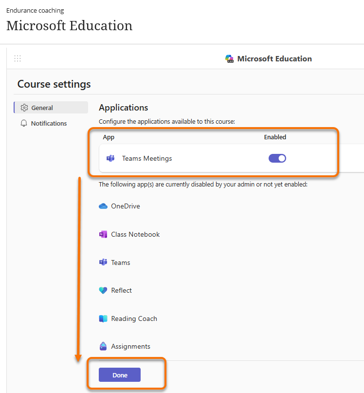 Showing Teams tool enabled and highlighting the Done button to complete set up.