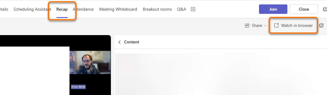 A Teams meeting interface within Teams, showing the Recap menu options