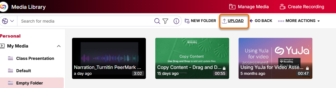 Upload button in YuJa