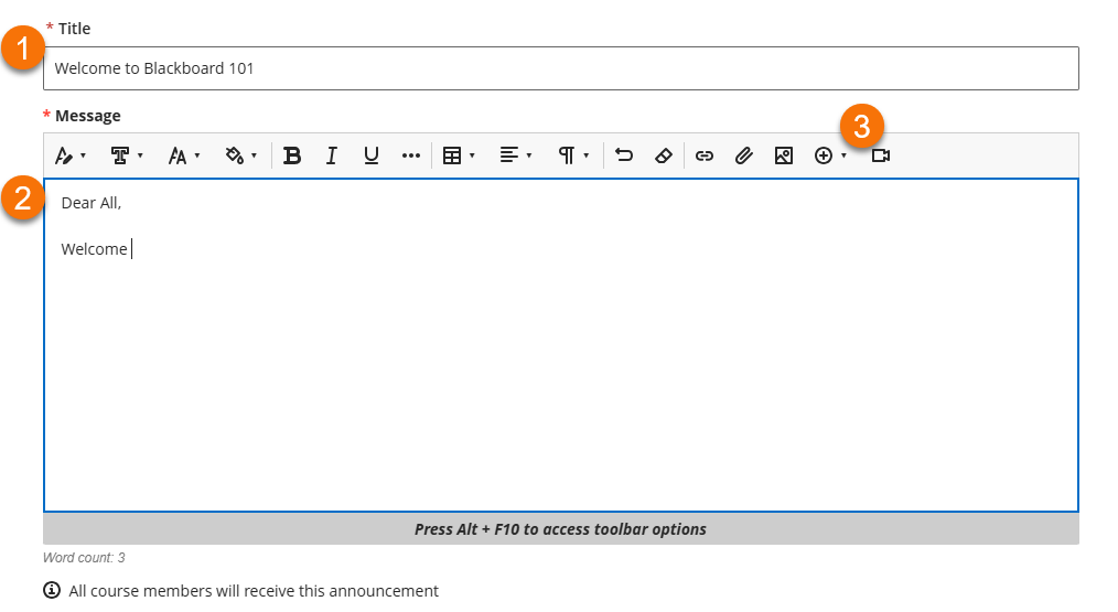 New announcement interface with points 1, 2 and 3