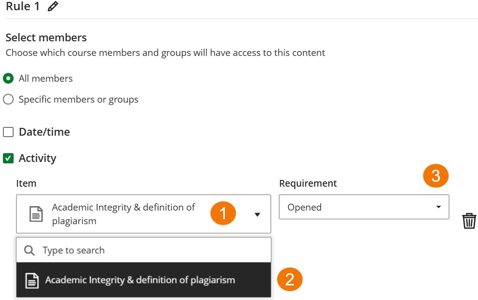 Screenshot of a created Activity based release condition