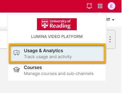 YuJa admin menu with Usage and Analytics option selected