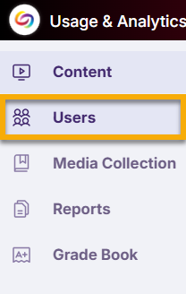YuJa admin menu with Users option selected