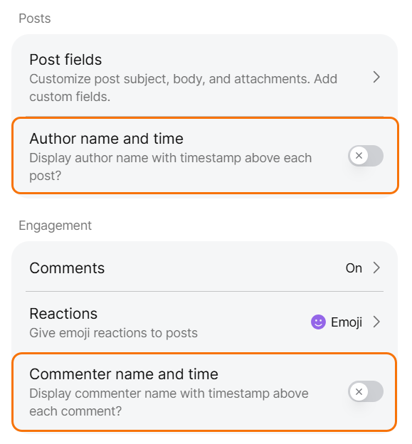 Screenshot of Posts toggles to display/hide post authors and commenter display/hide.