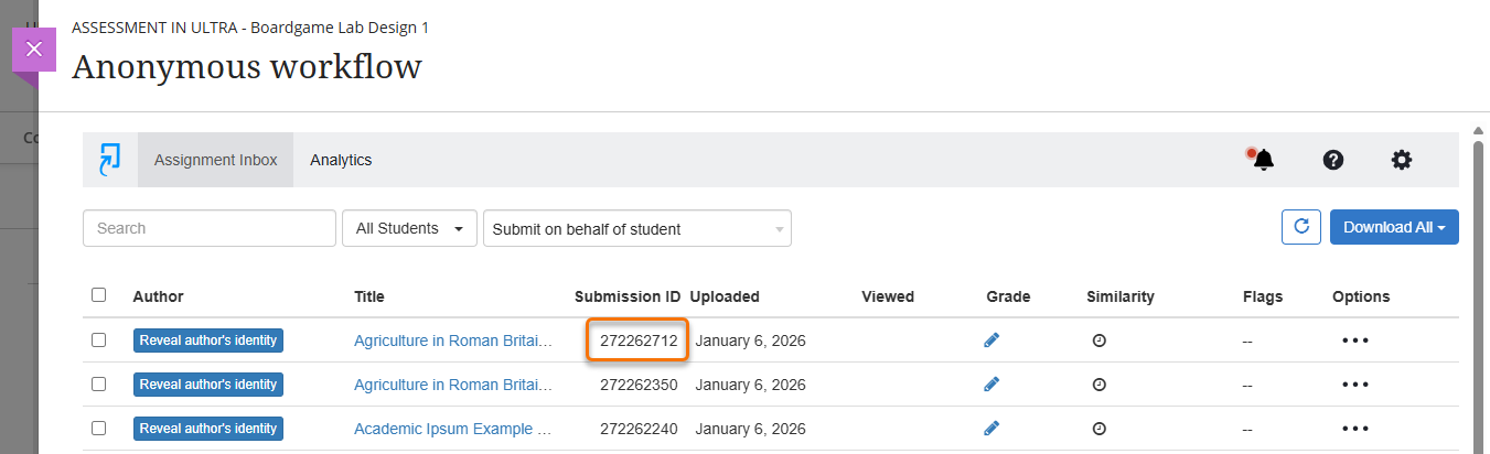 Assignment inbox with Submission ID column highlighted.