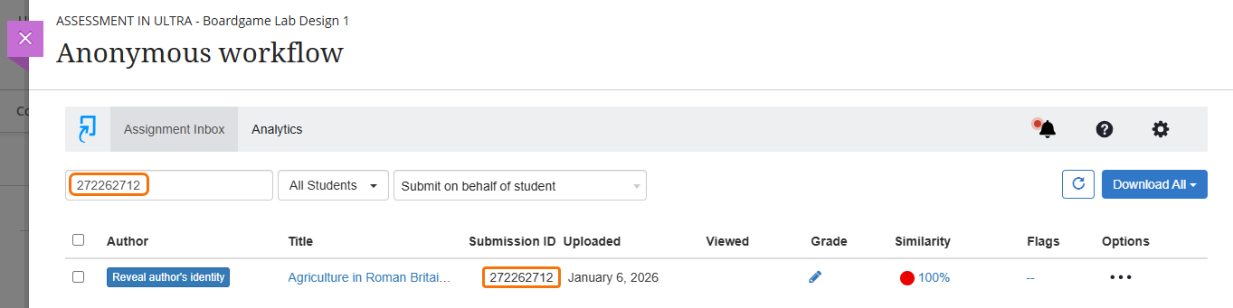screenshot of assignment inbox with submission ID in the search field. The results show the correct paper for the submission ID