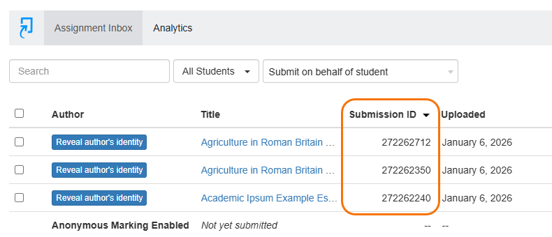 Assignment Inbox ordered by the  submission ID column 