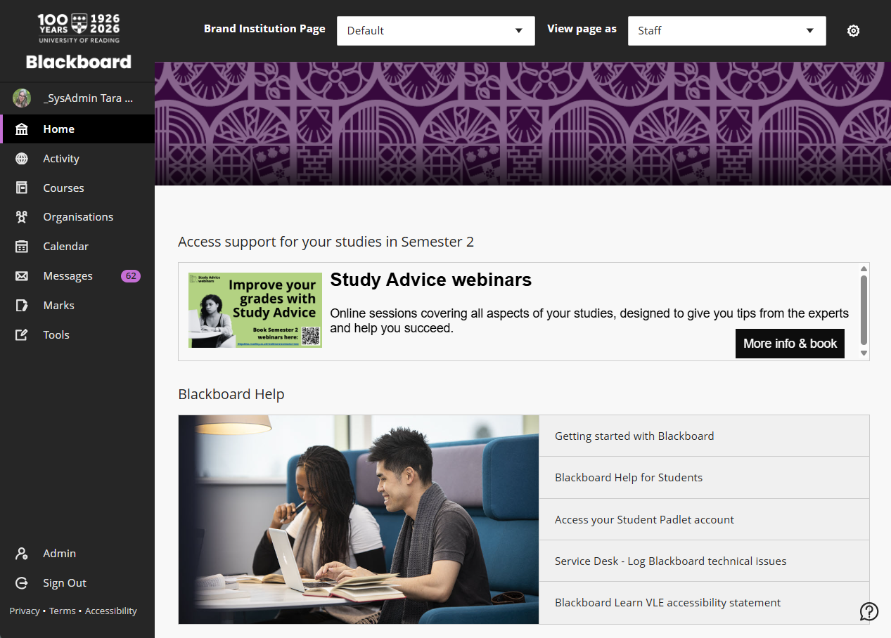 Screenshot of Blackboard landing page and main menu.